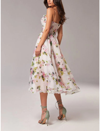 A-Line Homecoming Dresses Princess Dress Wedding Guest Holiday Tea Length Sleeveless Spaghetti Strap Organza with Print