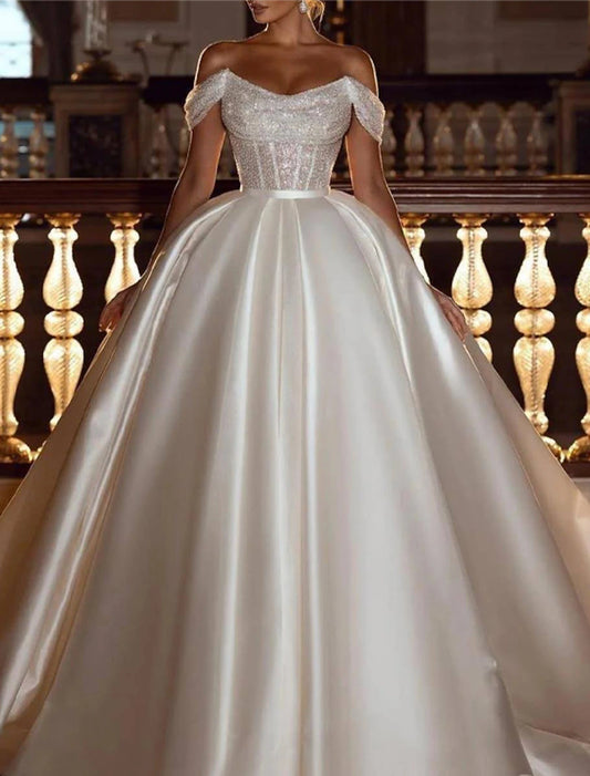 Engagement Formal Glitter & Sparkle Wedding Dresses Ball Gown Off Shoulder Cap Sleeve Chapel Train Satin Bridal Gowns With Solid Color