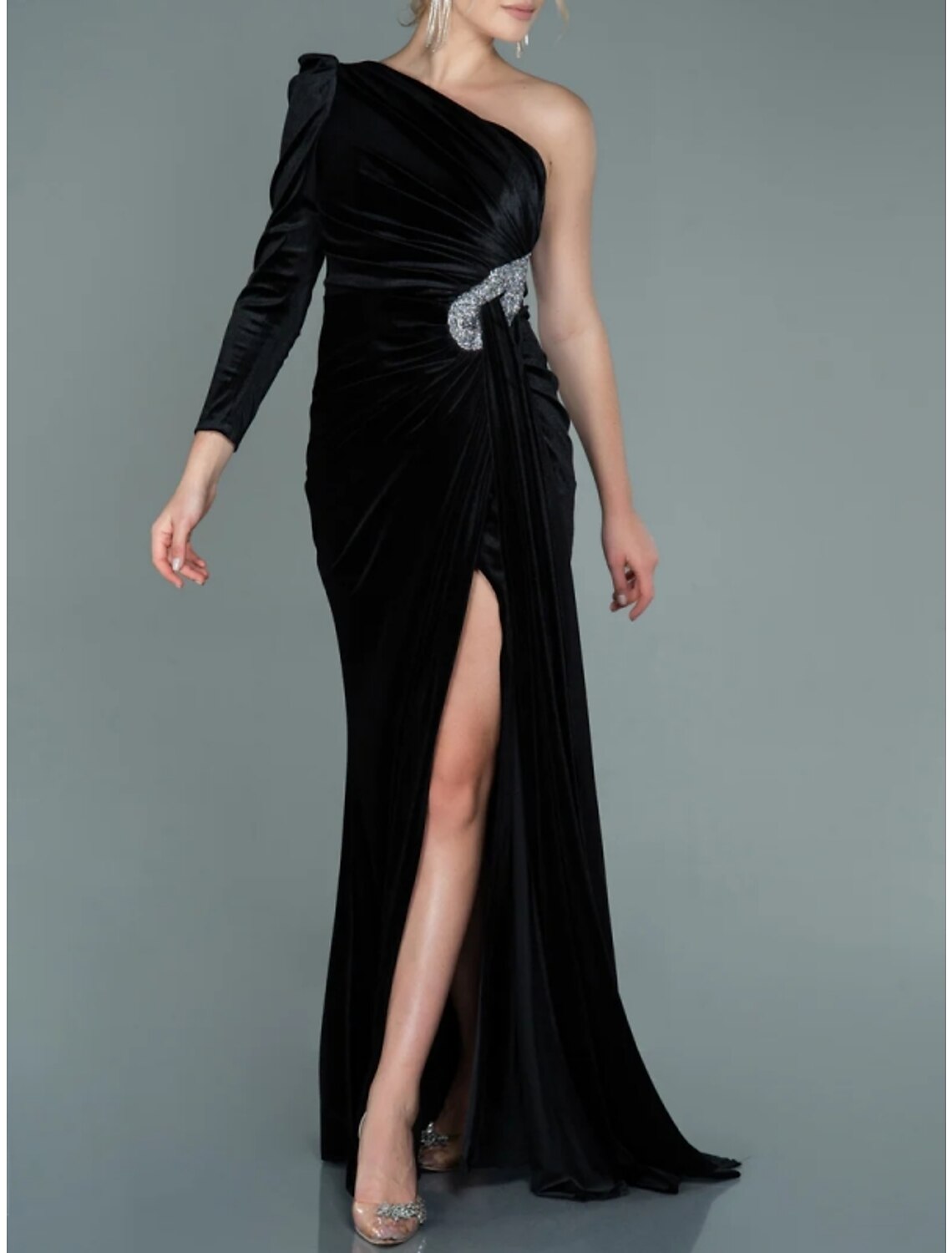 A-Line Evening Gown Christmas Elegant Dress Formal Sweep / Brush Train Long Sleeve One Shoulder Velvet with Glitter Pleats Ruched