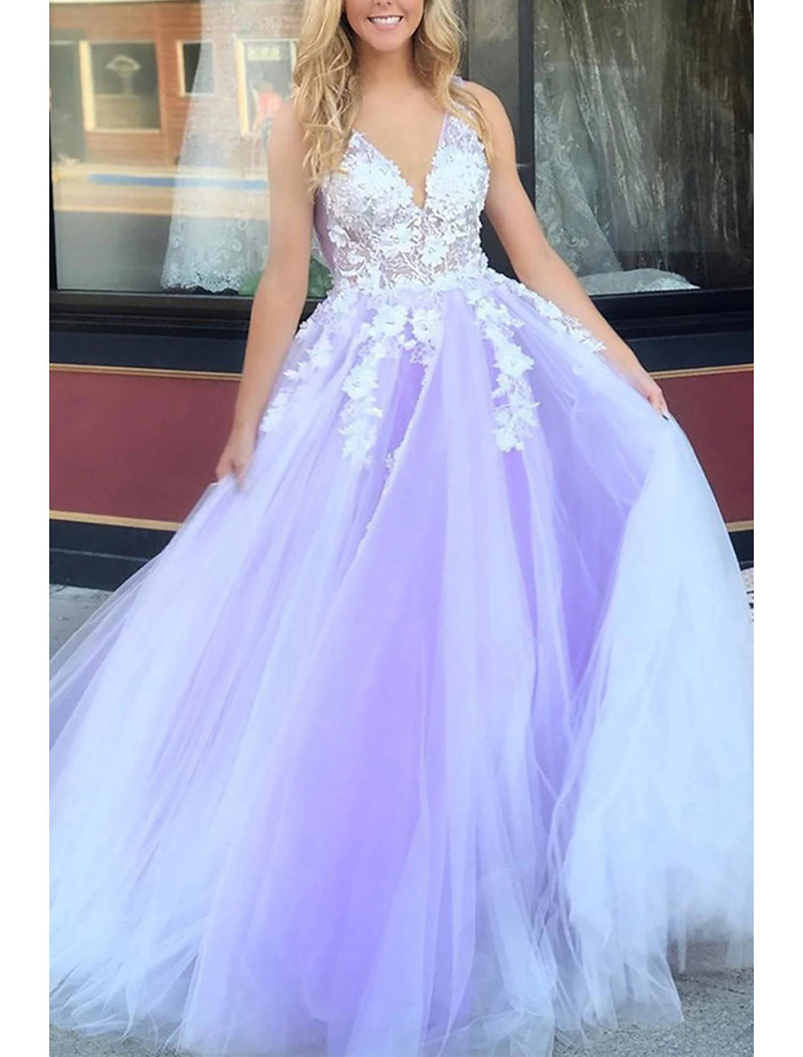 Ball Gown A-Line Prom Dresses Color Block Dress Formal Prom Floor Length Sleeveless V Neck Tulle Backless V Back with Beading Appliques