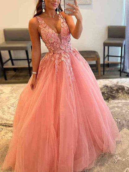 Ball Gown Tulle Applique V-neck Sleeveless Sweep/Brush Train Dresses