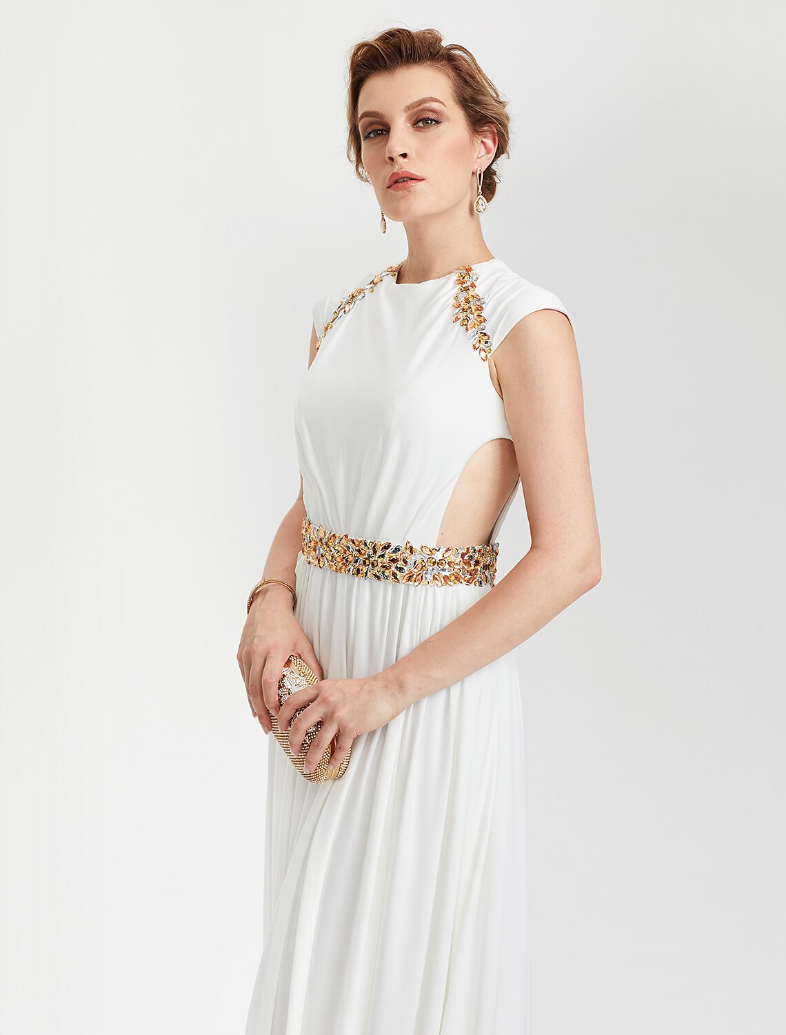 Sheath / Column Celebrity Style Cut Out Formal Evening Dress Crew Neck Short Sleeve Asymmetrical Jersey with Beading