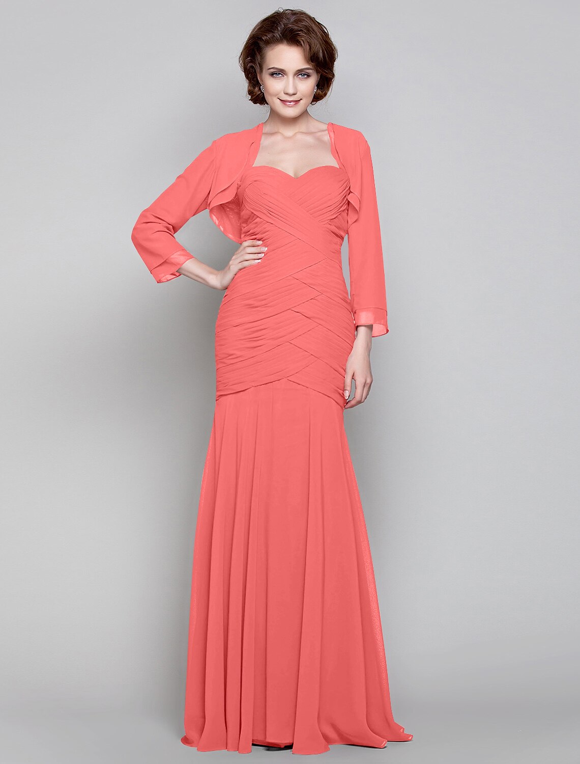 Mermaid / Trumpet Mother of the Bride Dress Two Piece Sweetheart Floor Length Chiffon Long Sleeve with Criss Cross