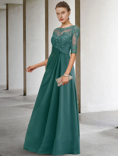 Sheath / Column Mother of the Bride Dress Fall Wedding Guest Dresses Plus Size Elegant Jewel Neck Floor Length Chiffon Lace Short Sleeve with Appliques Side-Draped