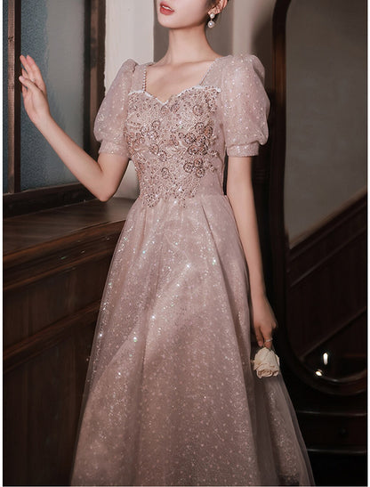 A-Line Prom Dresses Sparkle & Shine Dress Party Wear Prom Ankle Length Half Sleeve Sweetheart Satin with Pearls Appliques