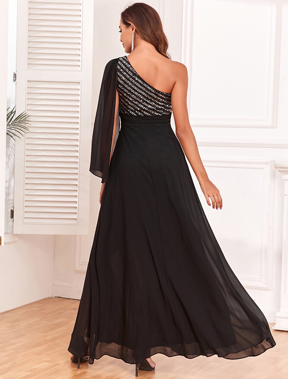 A-Line Evening Gown Empire Dress Evening Party Floor Length Long Sleeve One Shoulder Chiffon with Glitter Slit