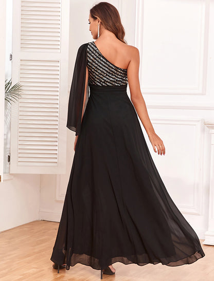 A-Line Evening Gown Empire Dress Evening Party Party Wear Floor Length Long Sleeve One Shoulder Chiffon with Glitter Slit