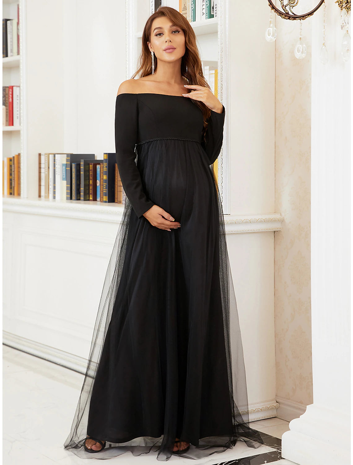 A-Line Mother of the Bride Dress Maternity Elegant Off Shoulder Floor Length Tulle Long Sleeve with Tier