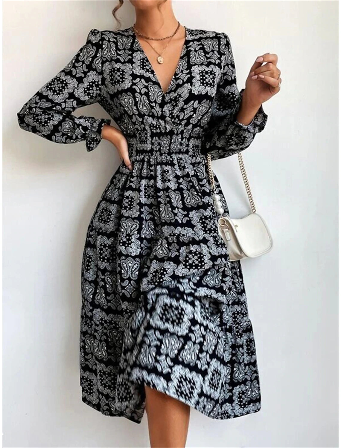 Women's Party Dress Cocktail Dress Wedding Guest Dress Midi Dress Black White Blue Long Sleeve Floral Print Summer Spring Fall V Neck Elegant Wedding Guest Birthday Vacation