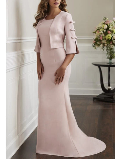 Two Piece Sheath / Column Mother of the Bride Dress Elegant With Jacket 3/4 Sleeve Scoop Neck Sweep / Brush Train Stretch Fabric Bow(s) Winter