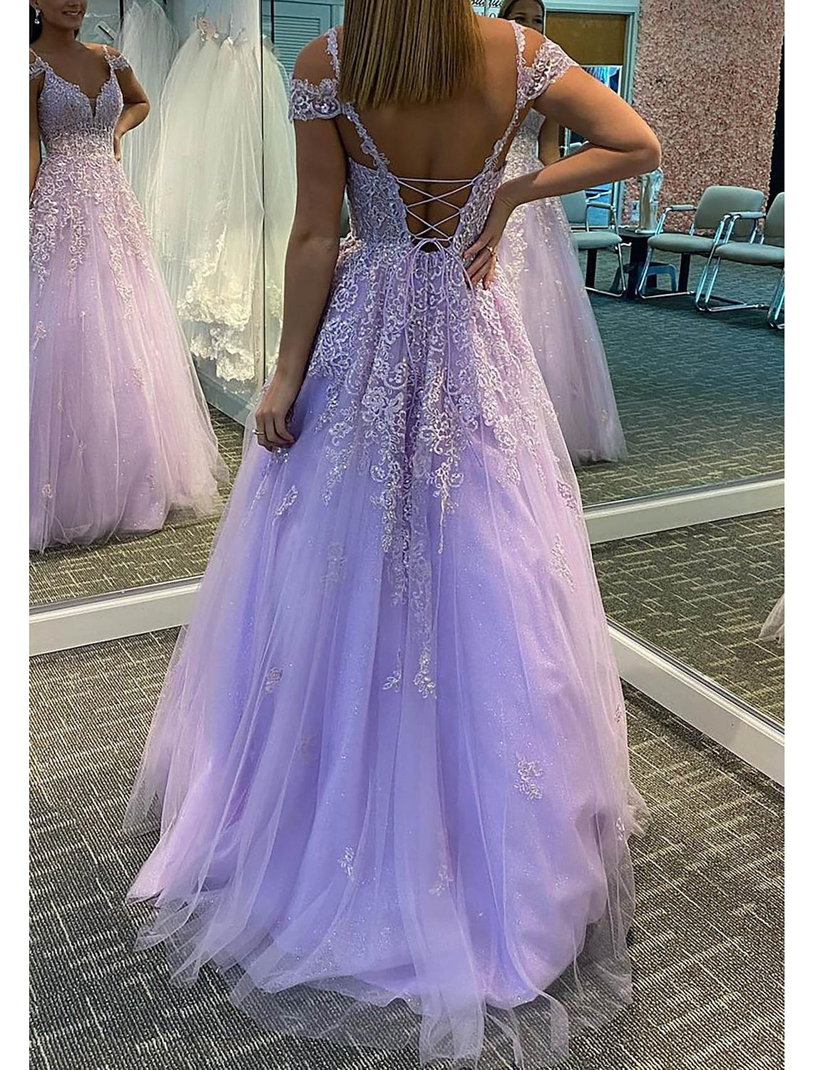A-Line Prom Dresses Empire Dress Formal Wedding Guest Floor Length Sleeveless V Neck Tulle Backless with Pleats Appliques