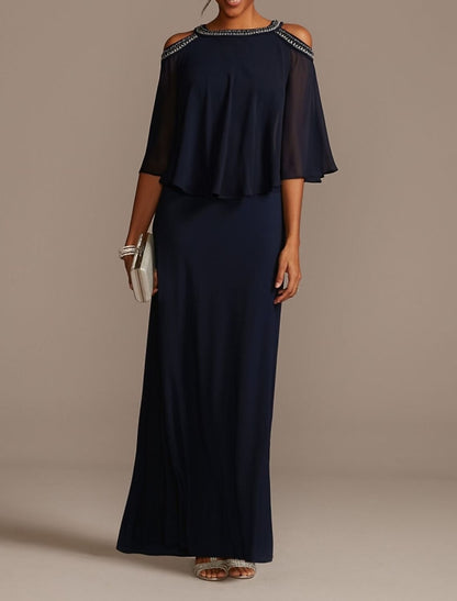 Sheath / Column Mother of the Bride Dress Elegant Jewel Neck Floor Length Chiffon Half Sleeve with Beading Sequin