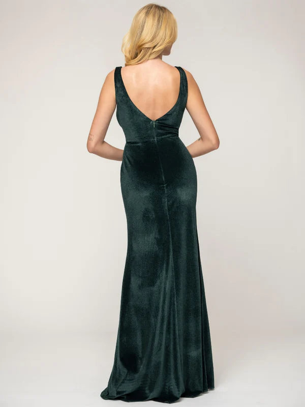 Sleeveless V-neck Long Velvet Bridesmaid Dresses With Side Slit