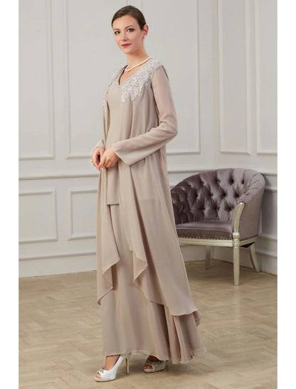A-Line Mother of the Bride Dress Wedding Guest Elegant Jewel Neck Floor Length Chiffon Long Sleeve Jacket Dresses with Appliques Fall