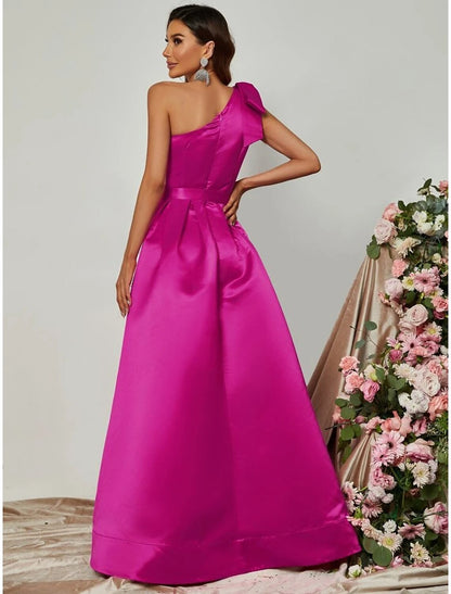 A-Line Evening Gown Party Dress Formal Fall Floor Length Sleeveless One Shoulder Satin with Pleats Slit Strappy