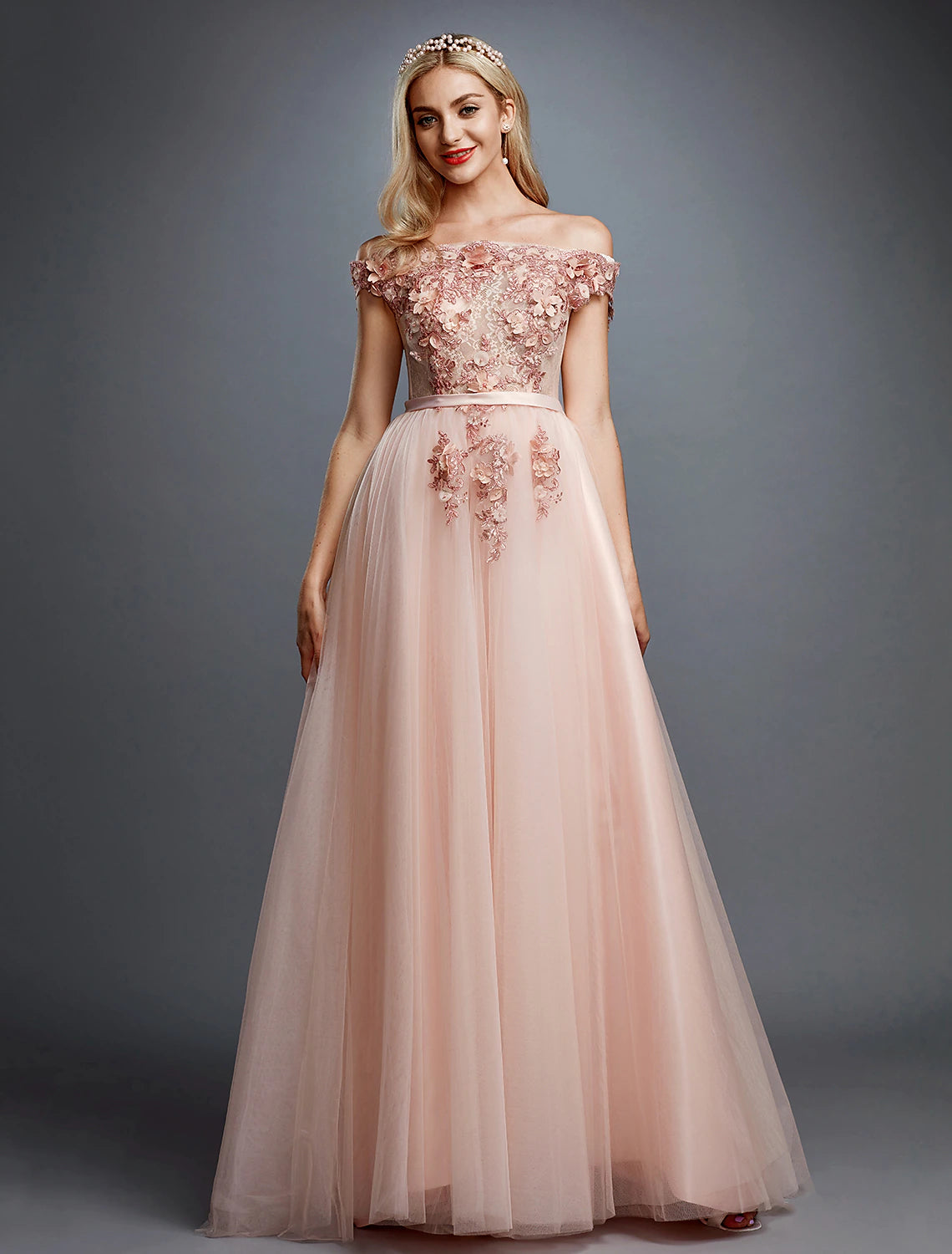 A-Line Floral Dress Wedding Guest Prom Sweep / Brush Train Sleeveless Off Shoulder Tulle Over Lace with Appliques