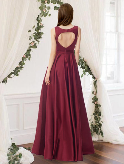 A-Line Bridesmaid Dress Jewel Neck Sleeveless Elegant Floor Length Charmeuse with Pleats