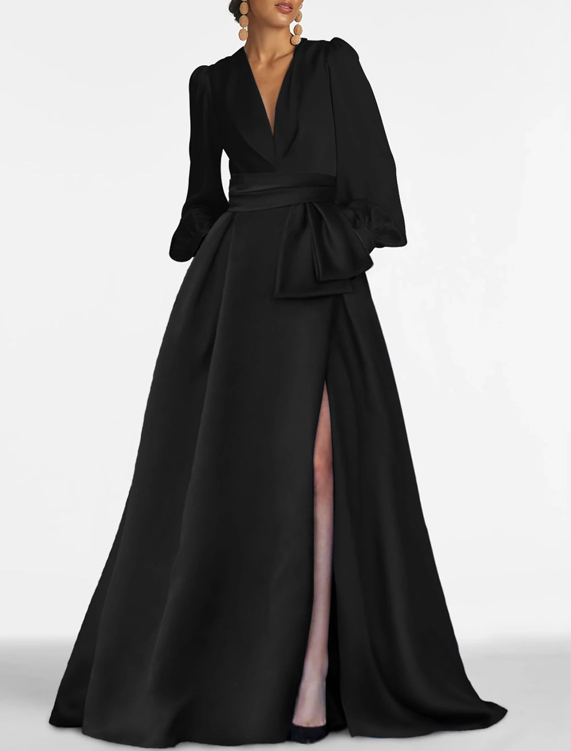 A-Line Evening Gown Elegant Dress Formal Sweep / Brush Train Christmas Long Sleeve V Neck Satin with Pleats Slit