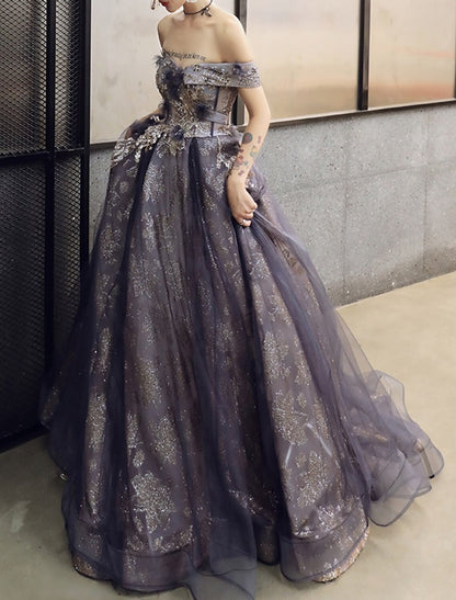 A-Line Sparkle Elegant Prom Formal Evening Dress Off Shoulder Sleeveless Court Train Satin with Sequin Appliques