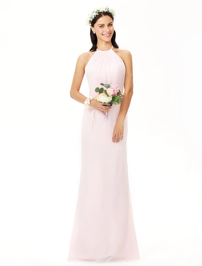 Sheath / Column Bridesmaid Dress Jewel Neck Sleeveless Elegant Floor Length Chiffon with Pleats