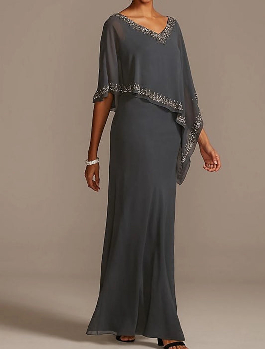 Sheath / Column Mother of the Bride Dress Fall Wedding Guest Elegant V Neck Floor Length Chiffon Half Sleeve with Beading