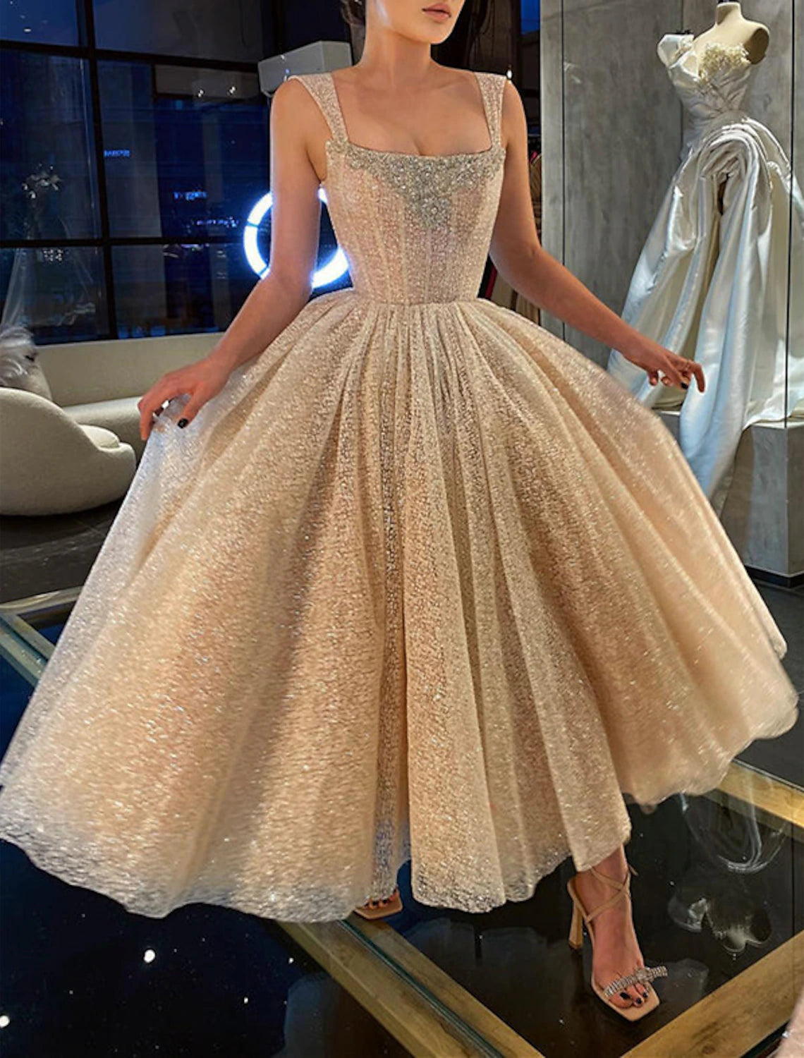 Ball Gown Prom Dresses Corsets Dress Graduation Wedding Party Dress Ankle Length Sleeveless Spaghetti Strap Tulle with Sequin