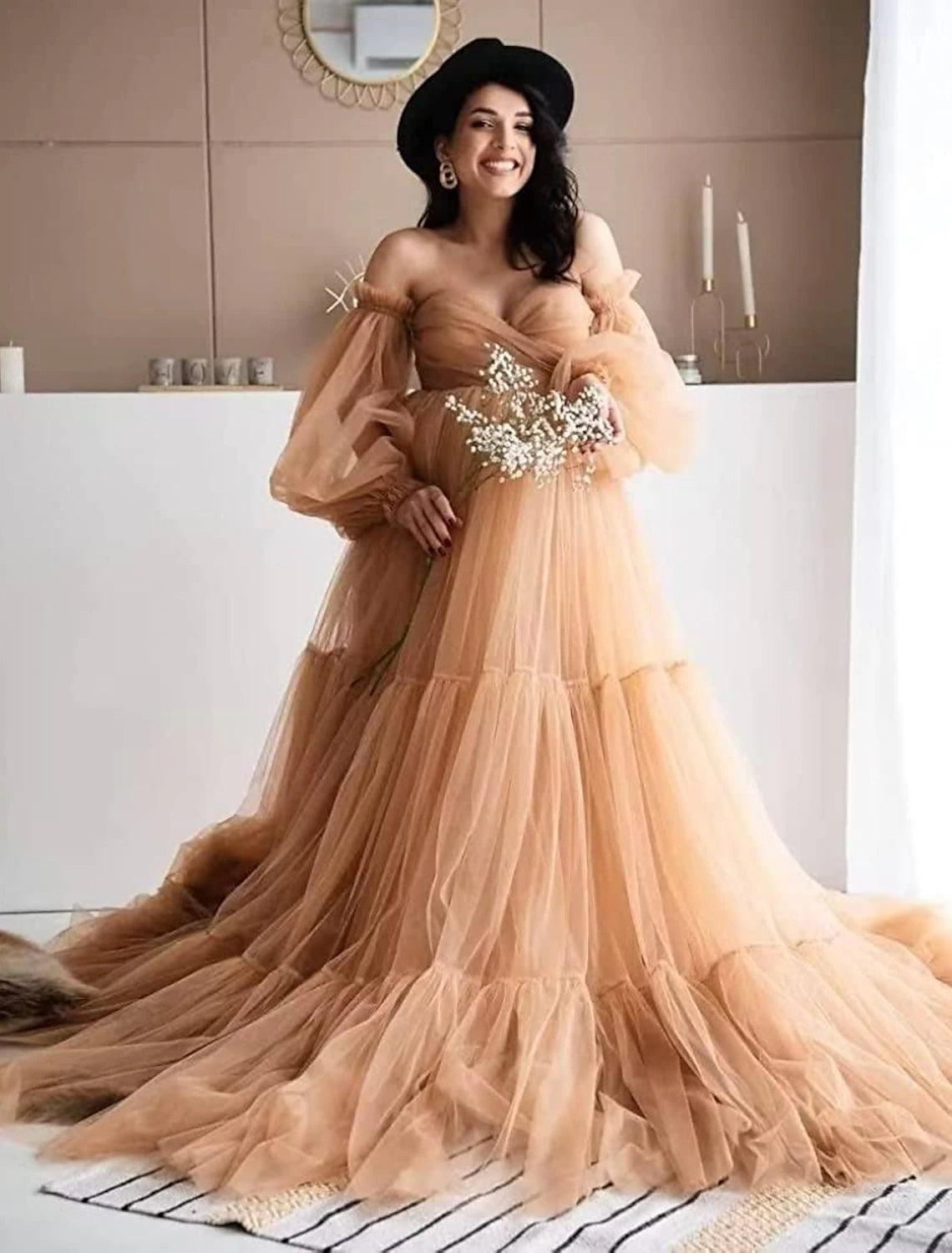 Ball Gown Prom Dresses Maternity Dress Formal Wedding Sweep / Brush Train Long Sleeve Sweetheart Tulle with Pleats Ruffles