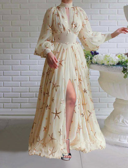 A-Line Prom Party Dress Plus Size Dress Wedding Guest Engagement Sweep / Brush Train Long Sleeve High Neck Chiffon with Pleats Sequin Slit