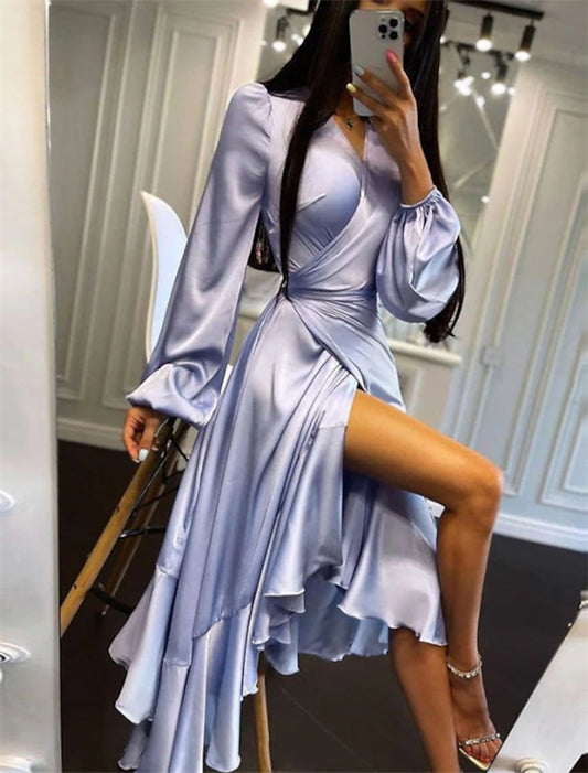 A-Line Wedding Guest Dresses High Low Dress Party Wear Semi Formal Asymmetrical Long Sleeve V Neck Satin with Ruffles Pure Color