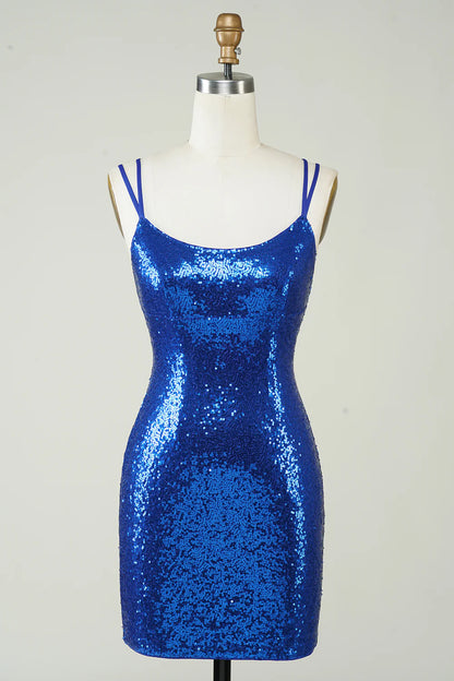 Royal Blue Sheath Sequins Mini Dress Backless Homecoming Dress