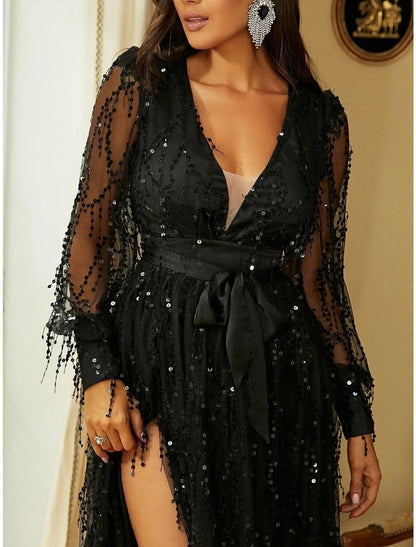 A-Line Evening Gown Elegant Dress Formal Sweep / Brush Train Long Sleeve V Neck Sequined with Glitter Slit Strappy