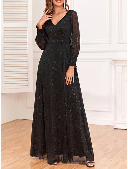 Black V Neck Long Sleeve Vacation Formal Black Spring Winter Dress Prom Dress Party Dress