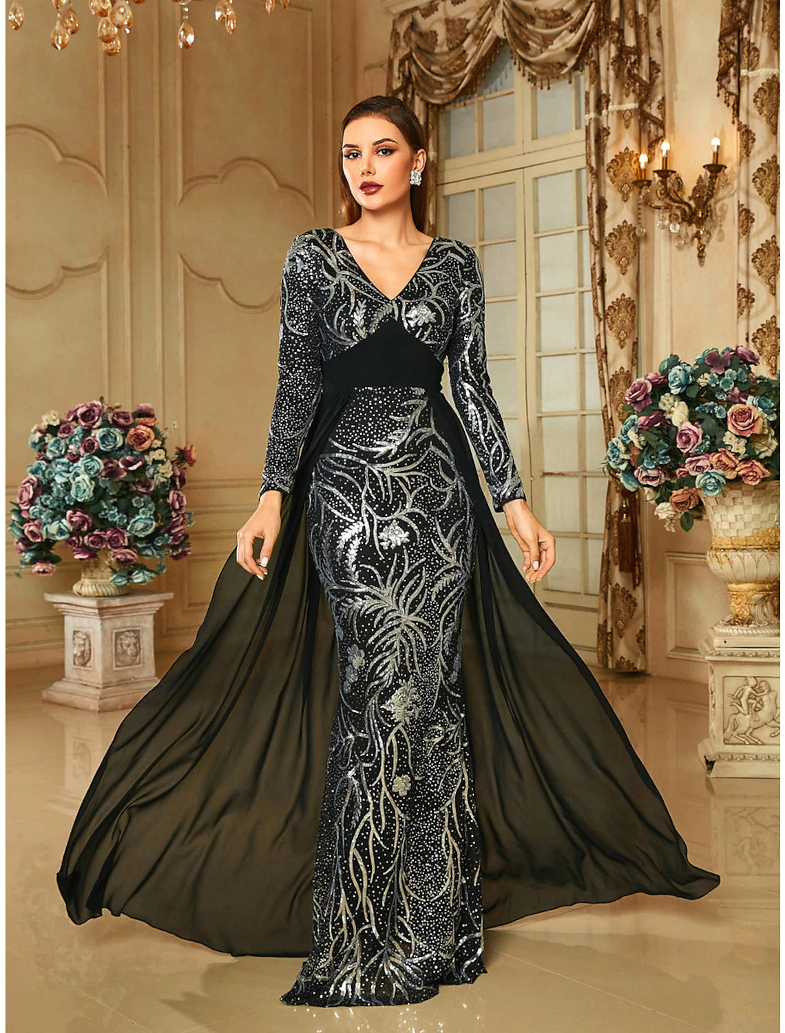 Sheath / Column Evening Gown Elegant Dress Formal Sweep / Brush Train Long Sleeve V Neck Sequined with Glitter Pleats