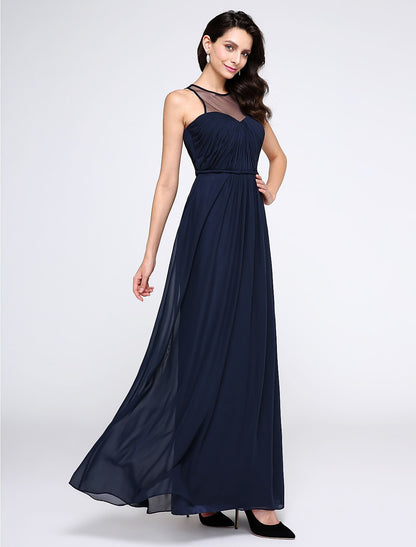Sheath / Column Elegant Dress Holiday Cocktail Party Ankle Length Sleeveless Illusion Neck Chiffon with Side Draping