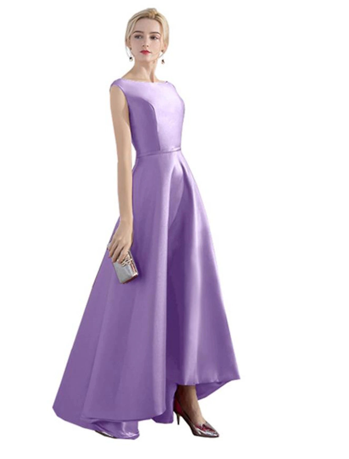 A-Line Evening Gown Elegant Minimalist Dress Party Wear Wedding Guest Asymmetrical Sleeveless Jewel Neck Satin with Sleek