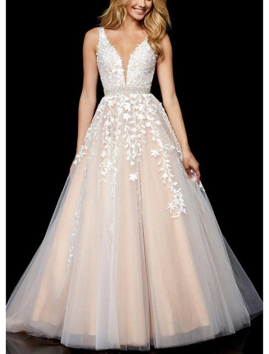 A-Line Prom Dresses Elegant Dress Formal Prom Floor Length Sleeveless V Neck Tulle with Beading Embroidery Appliques