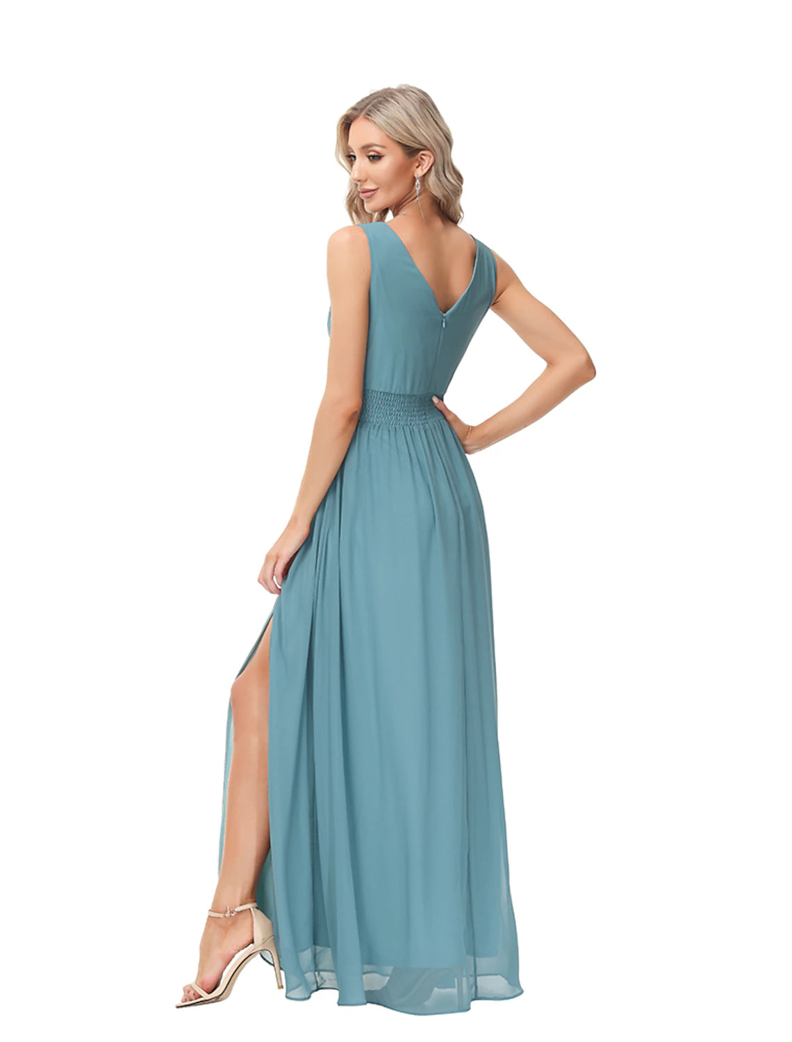 A-Line Evening Gown Empire Dress Party Wear Wedding Guest Floor Length Sleeveless V Neck Bridesmaid Dress Chiffon V Back with Slit