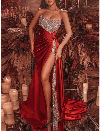 Sheath Black Dress Evening Gown Christmas Red Green Dress Formal Court Train Sleeveless Strapless Sequined with Ruched Sequin Slit