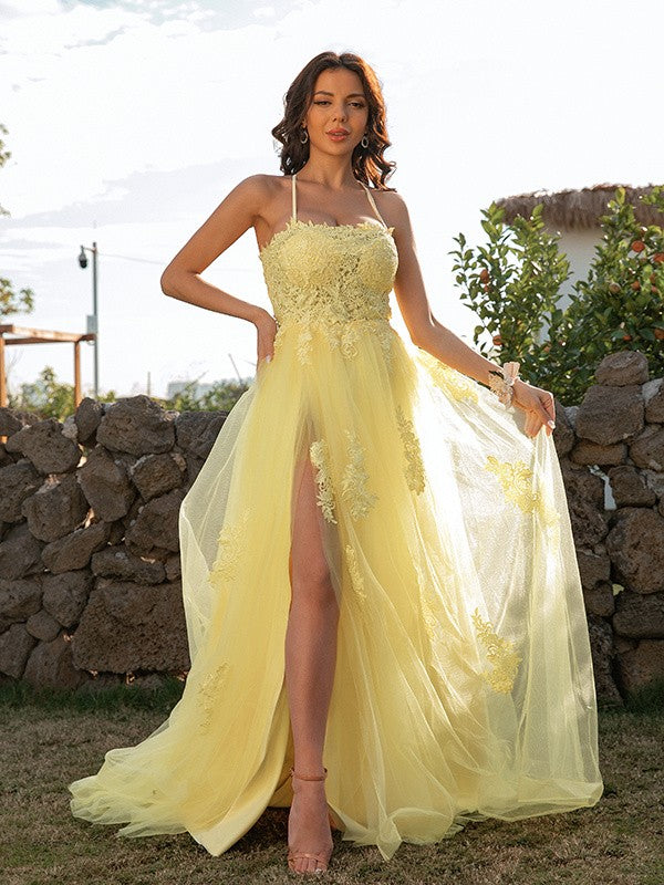 A-Line/Princess Tulle Applique Halter Sleeveless Sweep/Brush Train Dresses