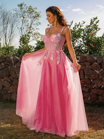 A-Line/Princess Tulle Applique Straps Sleeveless Floor-Length Dresses