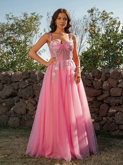 A-Line/Princess Tulle Applique Straps Sleeveless Floor-Length Dresses