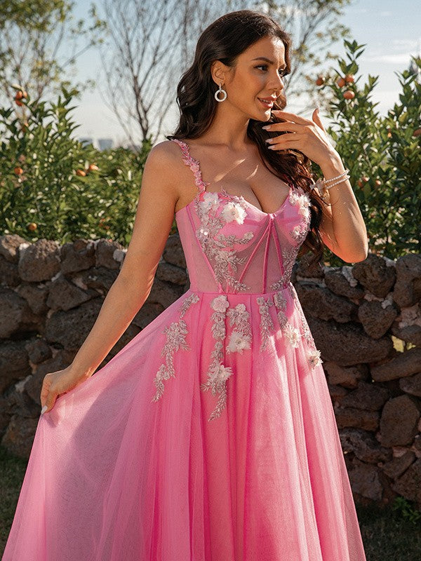 A-Line/Princess Tulle Applique Straps Sleeveless Floor-Length Dresses