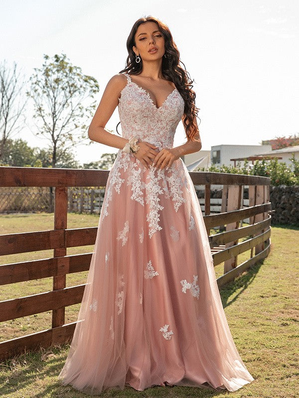 A-Line/Princess Tulle Applique V-neck Sleeveless Floor-Length Dresses