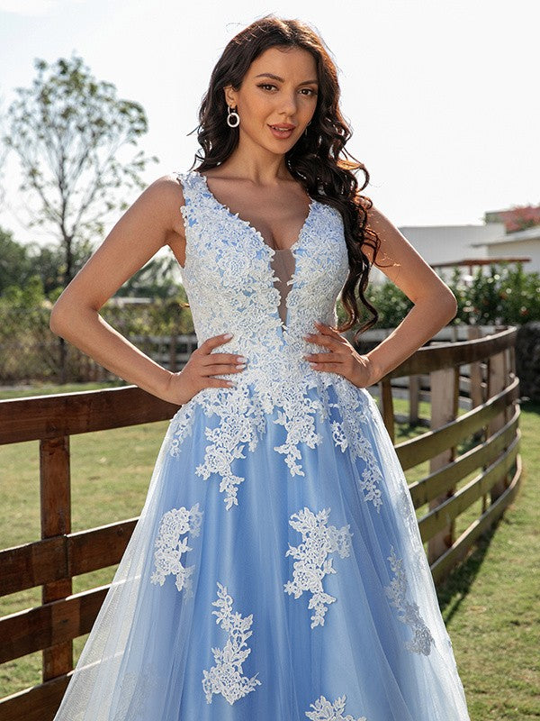 A-Line/Princess Tulle Applique V-neck Sleeveless Sweep/Brush Train Dresses