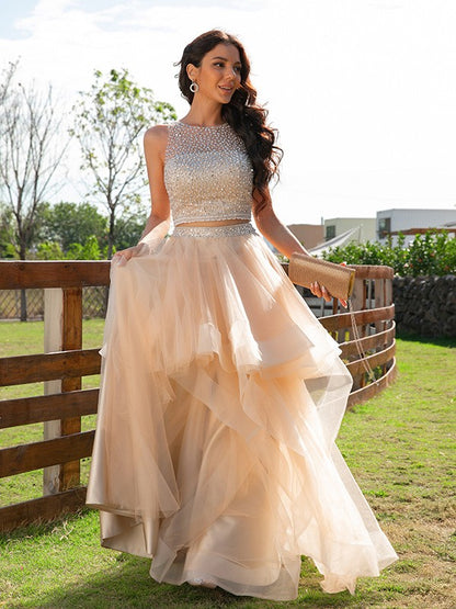 A-Line/Princess Tulle Beading Scoop Sleeveless Floor-Length Two Piece Dresses