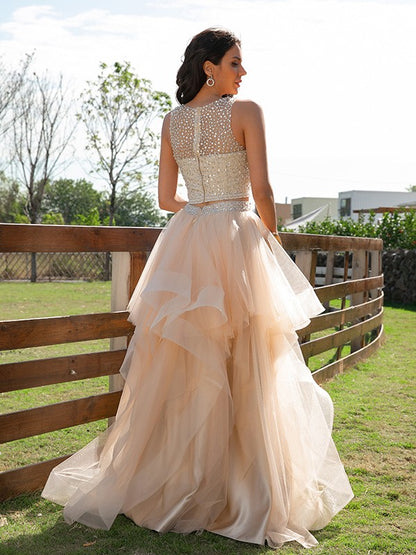 A-Line/Princess Tulle Beading Scoop Sleeveless Floor-Length Two Piece Dresses