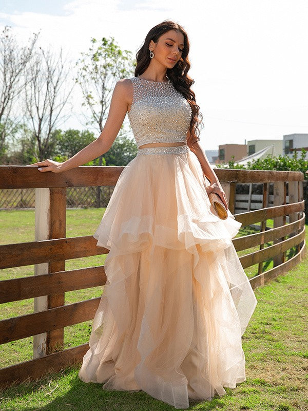 A-Line/Princess Tulle Beading Scoop Sleeveless Floor-Length Two Piece Dresses