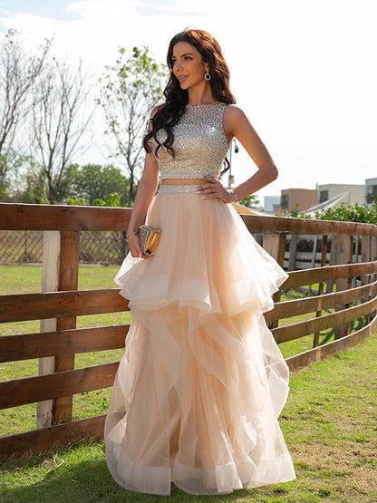 A-Line/Princess Tulle Beading Scoop Sleeveless Floor-Length Two Piece Dresses