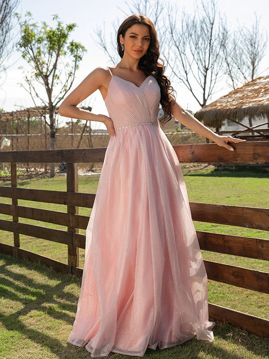 A-Line/Princess Ruched V-neck Sleeveless Floor-Length Dresses