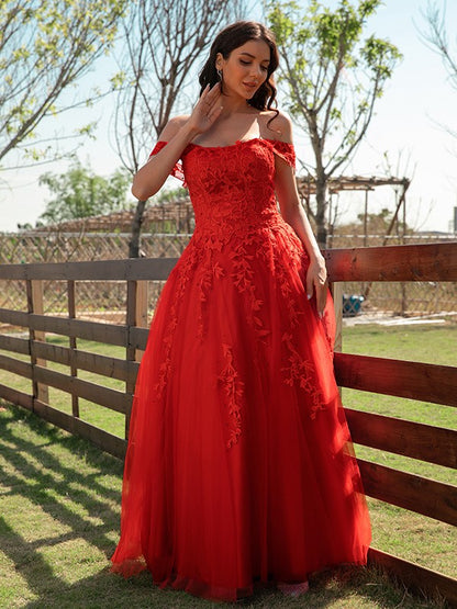 A-Line/Princess Tulle Applique Off-the-Shoulder Sleeveless Floor-Length Dresses